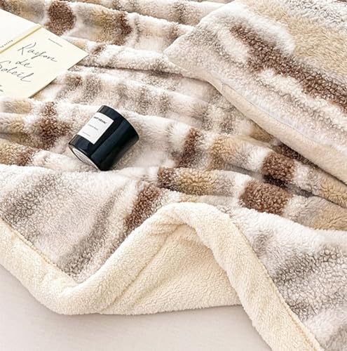 Fennco Styles Beige Stripe Fuzzy Faux Fur Fleece Throw Blanket 60" W x 80" L – Reversible Plush Fluffy Soft Blanket for Home, Couch, Bedroom, Living Room, Office, and Holiday Décor