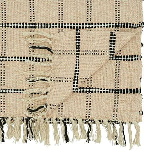 Fennco Styles Woven Checker Tassel Cotton Table Runner 16" W x 72" L – Natural Rustic Table Cover for Dining Table, Banquets, Family Gathering, Farmhouse Events and Home Décor