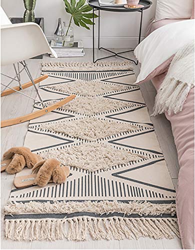 Fennco Styles Ivory Black Chevron Diamond Print Woven Tassel Area Rug - 27" W x 63" L Hand-Tufted Fringe Small Rug for Home Décor, Bedroom, Entryway Mat, Floor Décor