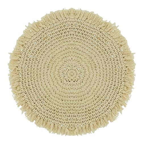 Fennco Styles Boho Macrame Cotton Placemats 15" Round, Set of 2 - Natural Braided Fringe Table Mats for Home, Dining Room, Banquets, Family Gathering and Special Events
