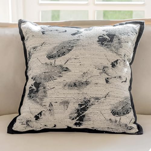 Fennco Styles Art Style Leaf Feather Design Jacquard Throw Pillow Cover 18" W X 18" L – Black Woven Square Cushion Case for Couch, Sofa, Bedroom, Office and Living Room Décor