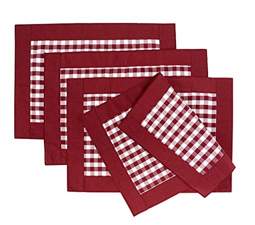 Fennco Styles Handmade Reversible Buffalo Plaid Solid Border Placemats 14" W x 20" L, Set of 4 - Check Farmhouse Table Mats for Home, Dining Table, Banquet, Gathering and Special Occasion