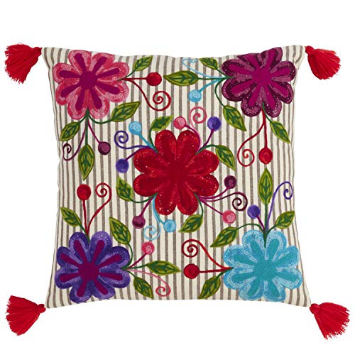 Fennco Styles Embroidered Tasseled Pure Cotton 18 x 18 Inch Throw Pillow with Case + Insert – Multicolor Accent Pillow for Couch, Bedroom and Living Room Décor