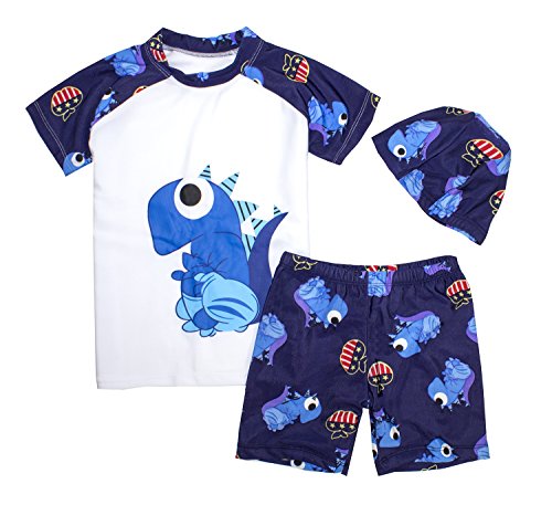 stylesilove Kids Boy Cartoon Dinosaur Shark Rashguard Top & Swim Shorts with Hat 3 pcs Set