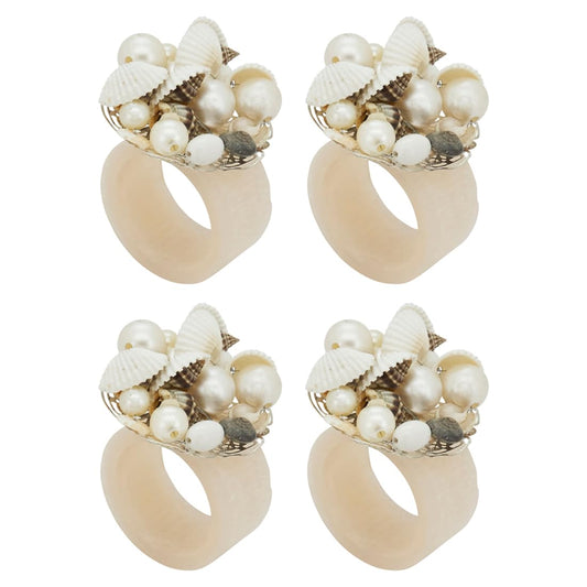 Fennco Styles Beaded Seashell Design Decorative Napkin Rings, Set of 4 - Ivory Charming Seaside Napkin Holders for Home, Dining Table, Banquets Décor, Weddings and Special Occasions