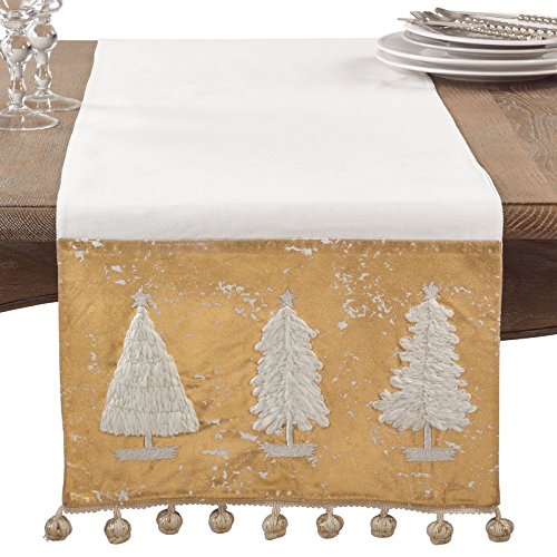 Fennco Styles Donnelou Collection Christmas Tree Design Cotton Table Runner 16 x 72 Inch - Gold Table Cover for Home Decor, Dining Table, Banquets, Holiday Event
