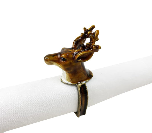 Fennco Styles Vintage Enameled Reindeer Brass Napkin Rings, Set of 4 - Bronze Metal Napkin Holders for Home, Dining Table, Christmas Décor, Holiday, Family Gathering and Special Occasion