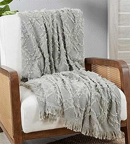 Fennco Styles Boho Fringe Waffle Weave Cotton Throw Blanket 50" W x 60" L – Natural Blanket for Couch, Bedroom and Living Room Décor