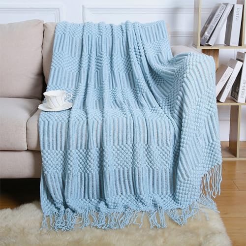 Fennco Styles Striped Knit Solid Fringe Throw Blanket 50" W x 60" L - Navy Blue Soft Textured Light Weight Blanket for Sofa, Couch, Living Room and Bedroom Décor