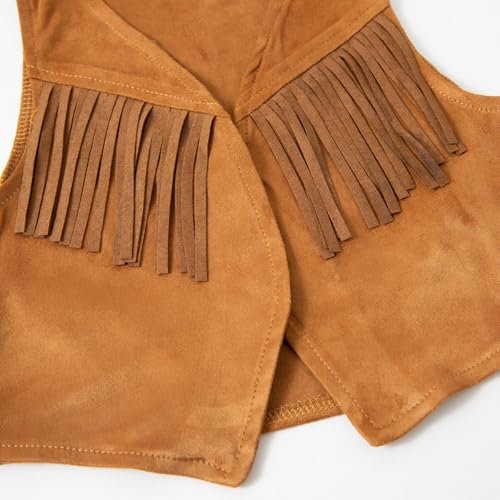 stylesilove Baby Toddler Girls Brown Fringe Vest, Pants, Bandana and Hat 4pcs Halloween Western Cowgirl Clothing Set