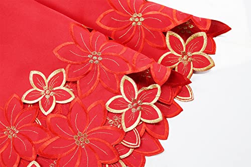 Fennco Styles Embroidered Poinsettia Cutwork Red Christmas Tree Skirt 68 Inch Round for Home, Holiday Decoration and Special Occasion
