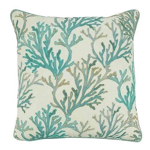 Fennco Styles Coastal Coral Design Cotton Decorative Throw Pillow Cover 18" W x 18" L – Aqua Nautical Cushion Case for Couch, Sofa, Bedroom, Office and Living Room Décor