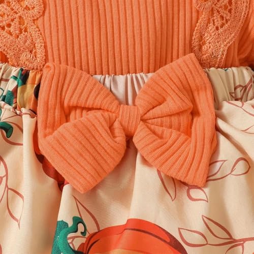 stylesilove Infant Baby Girl Orange Pumpkin Long Sleeve Lace Romper Dress & Bow Headband 2pcs Halloween Clothing Set