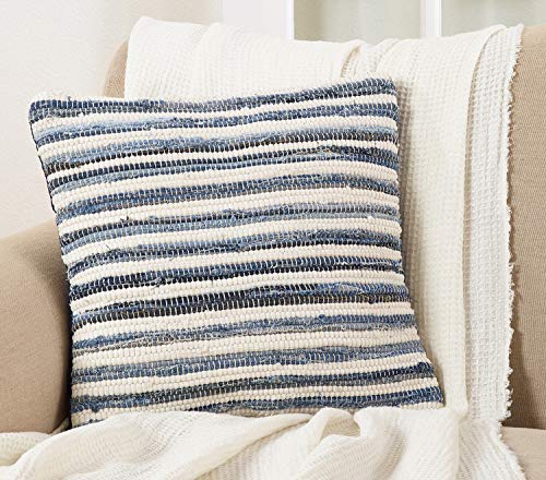 Fennco Styles Gênes Collection Bohemian Tasseled Chindi 100% Pure Cotton 18 x 18 Inch Throw Pillow with Case & Insert – Denim Accent Pillow for Couch, Bedroom and Living Room Décor