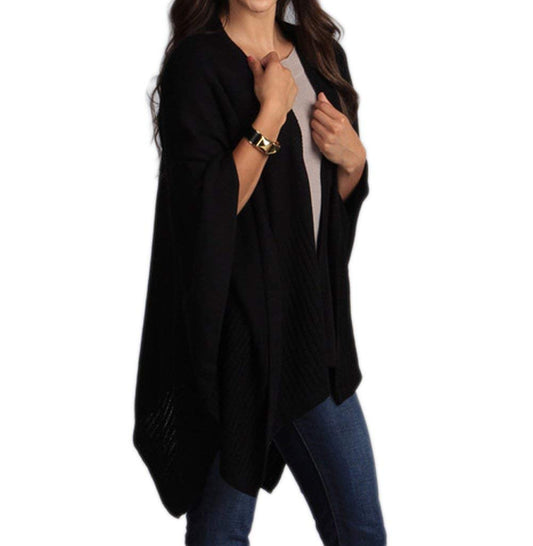 Taleen Knitted Poncho Cape Shawl Wrap with Pockets, 3 Colors (black), 43"X55"