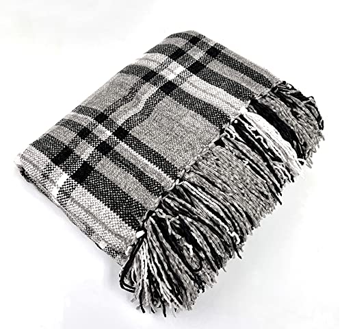 Fennco Styles Chenille Woven Plaid Tassel Throw Blanket 50" W x 60" L - Grey Soft Blanket for Bed, Couch, Sofa, Home, Office and Holidays Décor
