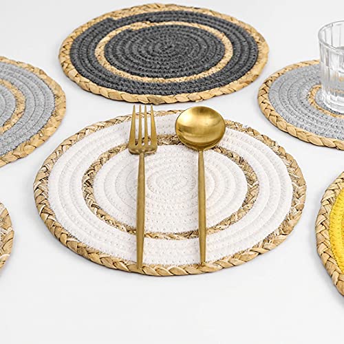 Fennco Styles Hand-Woven Rattan Cotton Rope Braided Placemats 12-Inch Round, Set of 4 - Heat Resistant Insulation Table Mats for Home, Boho Décor, Dining Table, Banquets and Special Events