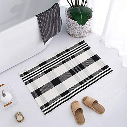Fennco Styles Black Ivory Classic Plaid Small Area Rug 24" W x 51" L - Cotton Blend Woven Indoor Outdoor Floor Mat for Living Room, Entryway, Bedroom and Floor Décor