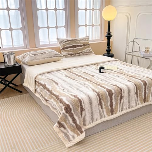 Fennco Styles Beige Stripe Fuzzy Faux Fur Fleece Throw Blanket 60" W x 80" L – Reversible Plush Fluffy Soft Blanket for Home, Couch, Bedroom, Living Room, Office, and Holiday Décor