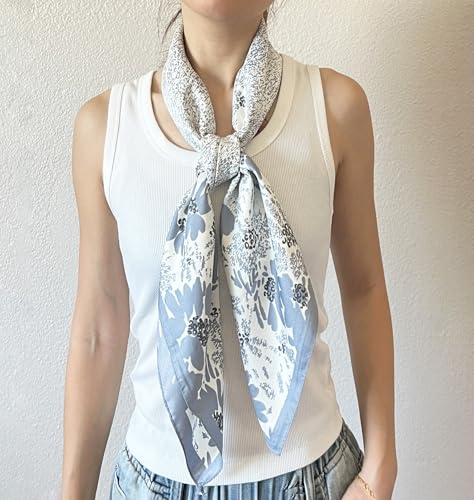 stylesilove Women Floral Print Silk Like Scarf Square Neckerchief Soft Bandana Small Shawl Neck Wraps for All Season