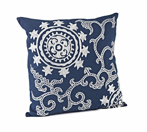 Fennco Styles Embroidered Medallion Cotton Down Filled Decorative Throw Pillow 18" W x 18" L - Cobalt Blue Cushion for Couch, Living Room, Bedroom, Office and Everyday Decor Use