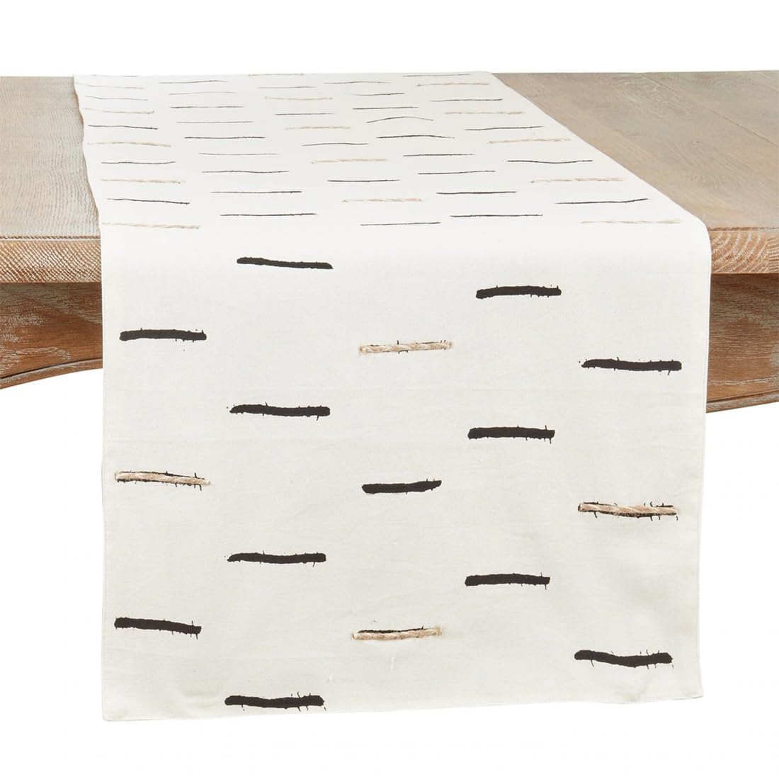 Fennco Styles Embroidered Dashes Design Cotton Table Runner 16" W x 72" L - White Striped Woven Table Cover for Everyday Use, Dining Room, Banquets, Family Gatherings, Holidays and Home Décor