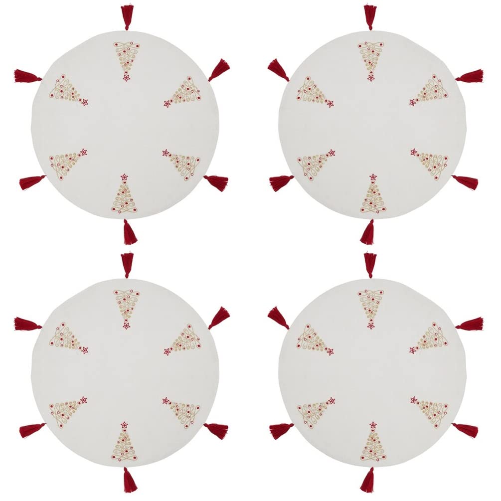 Fennco Styles Embroidered Christmas Trees Design Placemats with Tassel 14" Round, Set of 4