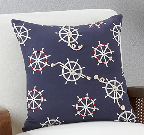 Fennco Styles Nautical Helm Wheel & Rope Appliqué Cotton Decorative Throw Pillow 18" W x 18" L – Navy Blue Coastal Cushion for Couch, Sofa, Bedroom, Office and Living Room Décor