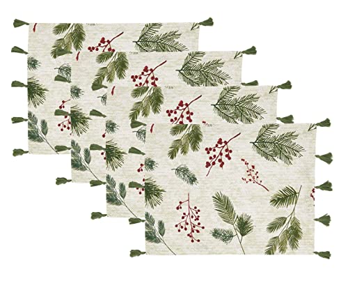 Fennco Styles Pine Needle & Red Berry Cotton Christmas Table Runner with Tassel 16"W x 72"L - Red & Green Festive Table Cover for Home, Dining Room, Winter Holiday Décor, Banquets, and Special Events