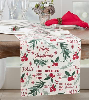 Fennco Styles Holly Christmas Cotton Table Runner 14" W x 72" L – Multicolor Woven Festive Table Cover for Winter Festivals, Holidays Décor, Banquets, Family Gatherings and Special Events