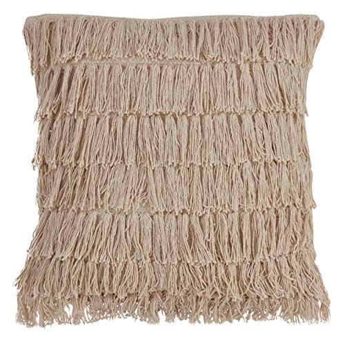 Fennco Styles Bohemian Woven Fringes Down Filled 18 x 18 Inch Cotton Throw Pillow with Case & Insert - Natural Throw Pillow for Couch, Living Room and Bedroom Décor