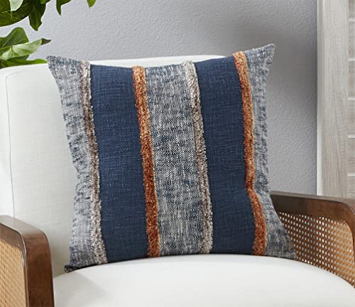 Fennco Styles Stripe Tufted Cotton Decorative Throw Pillow Cover 20" W x 20" L - Navy Blue Woven Square Cushion Case for Home, Couch, Living Room, Bedroom, Office and Holiday Décor