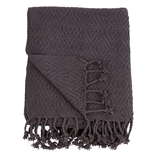 Fennco Styles Solid Color Diamond Weave Tassel 100% Cotton Ultra Soft Throw Blanket, 50" x 60", Grey