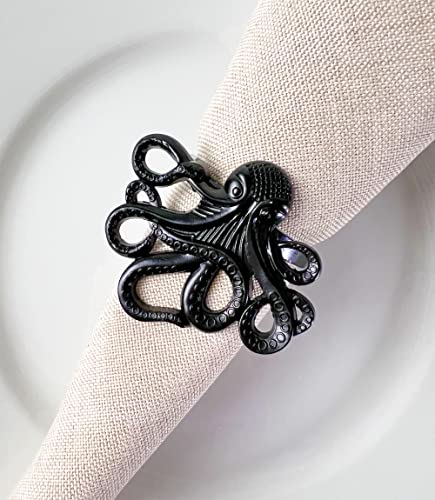 Fennco Styles Coastal Octopus Metal Napkin Rings, Set of 4 - Gold Nautical Napkin Holders for Home Décor, Dining Table, Banquets, Family Gathering and Special Occasions
