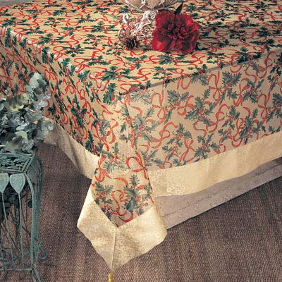 Fennco Styles Holly Ribbon Holiday Christmas Sheer Tablecloth - Gold Satin Border and Tassels Table Cover for Family Dinner, Banquets, Special Events and Home Decor