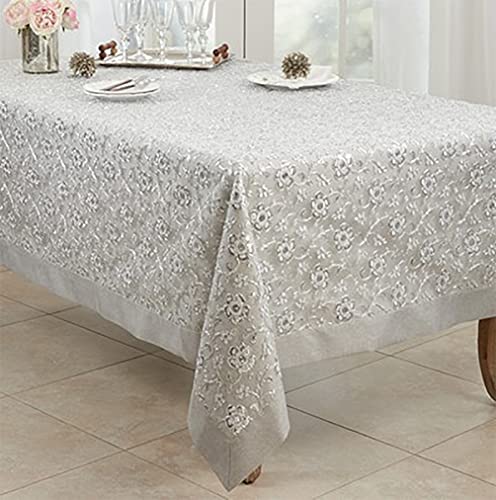 Fennco Styles Sequin Floral Embroidered Tablecloth 50" W x 70" L - White Table Cover for Home, Dining Room, Banquets, Wedding, Holiday and Special Events