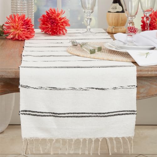Fennco Styles Striped Cotton Table Runner with Fringe 16" W x 72" L - Natural Woven Table Cover for Everyday Use, Dining Room, Banquets, Family Gatherings, Holidays and Home Décor