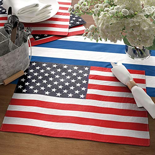 Fennco Styles American Flag Star Spangled Placemats 14 x 20 Inch, Set of 4 - Multicolored Table Mats for Dinner Parties, National Holidays, Special Events and Home Décor