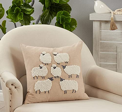 Fennco Styles Embroidered Sheep Cotton Decorative Throw Pillow 18" W x 18" L - Grey Animal Cushion for Home, Couch, Living Room and Office Décor (Natural, Pillow Cover)