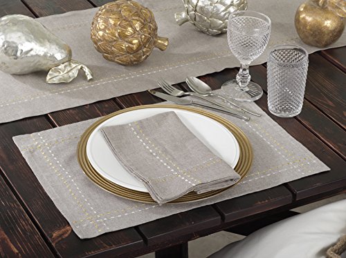 Fennco Styles Anais Embroidered Silver and Gold Line Cotton Table Runner and Placemat