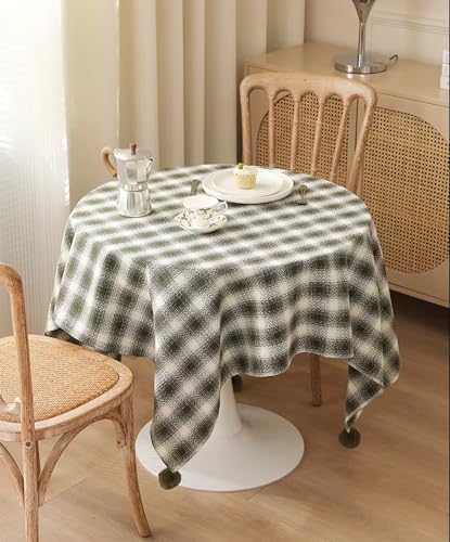 Fennco Styles Plaid Woven 100% Cotton Tablecloth with Pom Pom - Green Table Cover for Winter Holiday Décor, Banquet, Family Gathering and Special Occasion