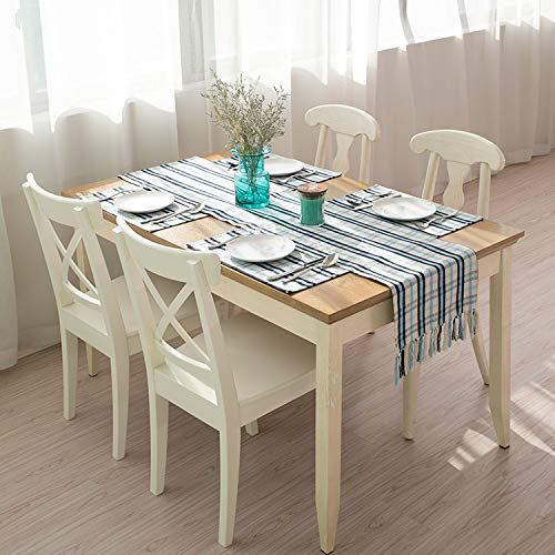 Fennco Styles Woven Tartan Plaid Tassels Cotton Blend Tablecloth - Blue and Ivory 55 x 55 inch Square Table Cover for Banquets, Holiday, Special Events and Home Décor