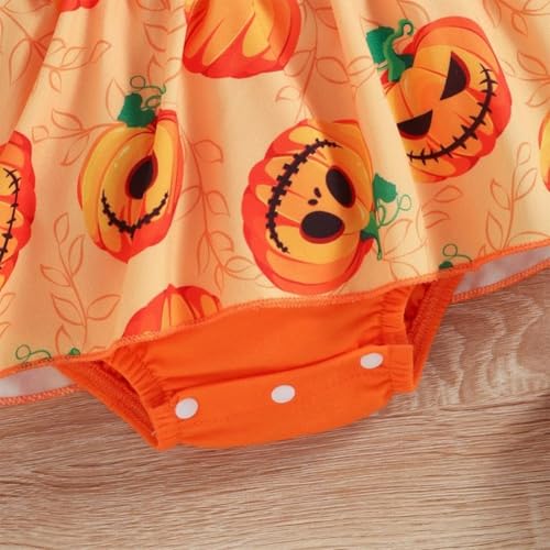 stylesilove Infant Baby Girl Orange Pumpkin Long Sleeve Lace Romper Dress & Bow Headband 2pcs Halloween Clothing Set