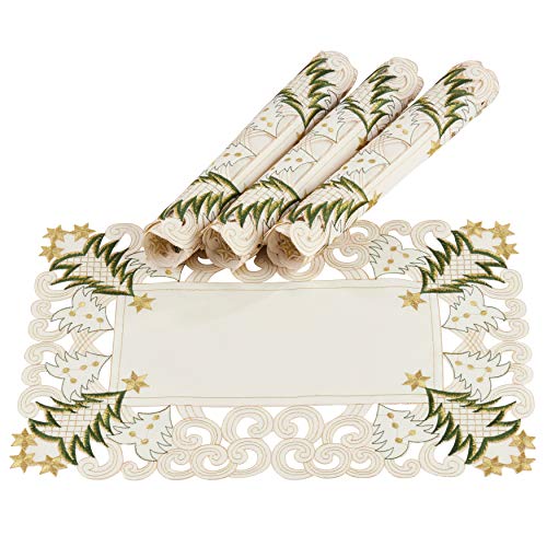 Fennco Styles Pandoro Collection Holiday Embroidered Christmas Tree Cutwork Border Table Linens – Ivory and Red Table Linens for Christmas Dinner, Family Gathering, Special Events and Home Décor