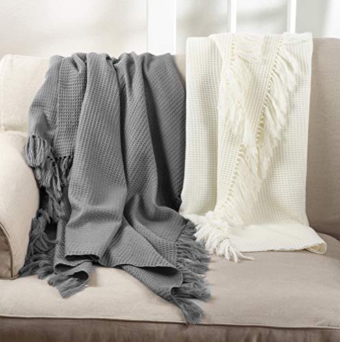 Fennco Styles Classic Waffle Weave Tassel Trim 50 x 60 Inch Throw - Grey Throw Blanket for Couch, Bedroom and Living Room Décor