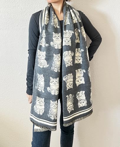 stylesilove Women Cute Kitten Print Cashmere Scarf Warm Ultra Soft Fringe Scarves Shawl Neck Wraps for Autumn and Winter
