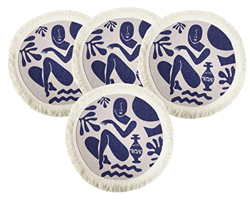 Fennco Styles Art Design Abstract Print Fringe Cotton Placemat 13" Round, Set of 4 - Woven Table Mats for Home Décor, Dining Table, Banquets and Special Events