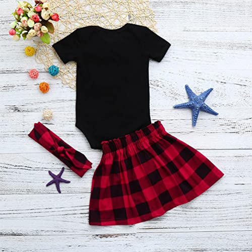 stylesilove Baby Girls Bowknot Short Sleeve Black Cotton Bodysuit, Plaid Skirt with Headband 3pcs Holiday Outfit