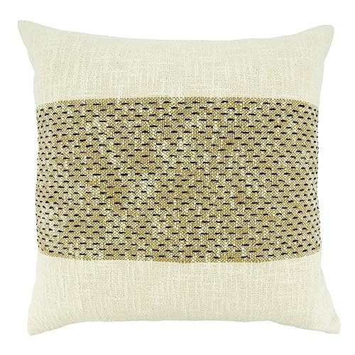 Fennco Styles Banded & Stitch Line Design Cotton Decorative Throw Pillow 20" W x 20" L - Natural Modern Cushion for Home, Couch, Bedroom, Living Room and Office Décor