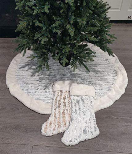 Fennco Styles Holiday Brushed Foil Print Faux Fur Christmas Tree Skirt - Metallic Design Tree Skirt for Home, Holiday Tree, Indoor and Special Occasion